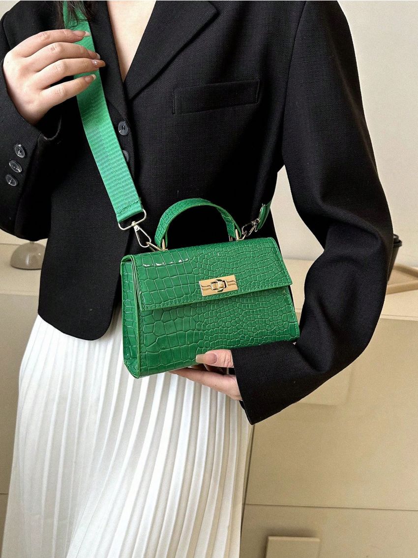 Mini Square Bag Crocodile Embossed Twist Lock Flap PU