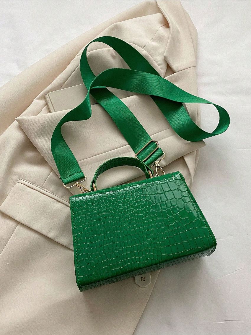 Mini Square Bag Crocodile Embossed Twist Lock Flap PU