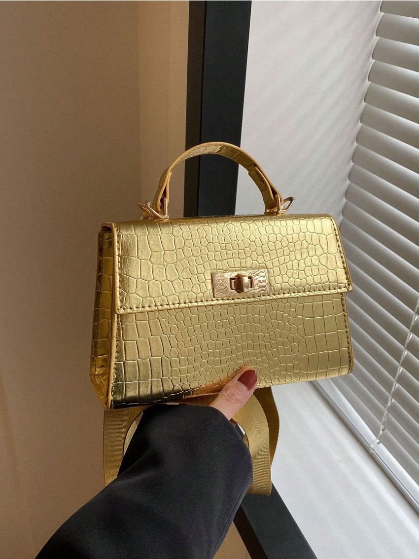 Mini Square Bag Crocodile Embossed Twist Lock Metallic PU Funky