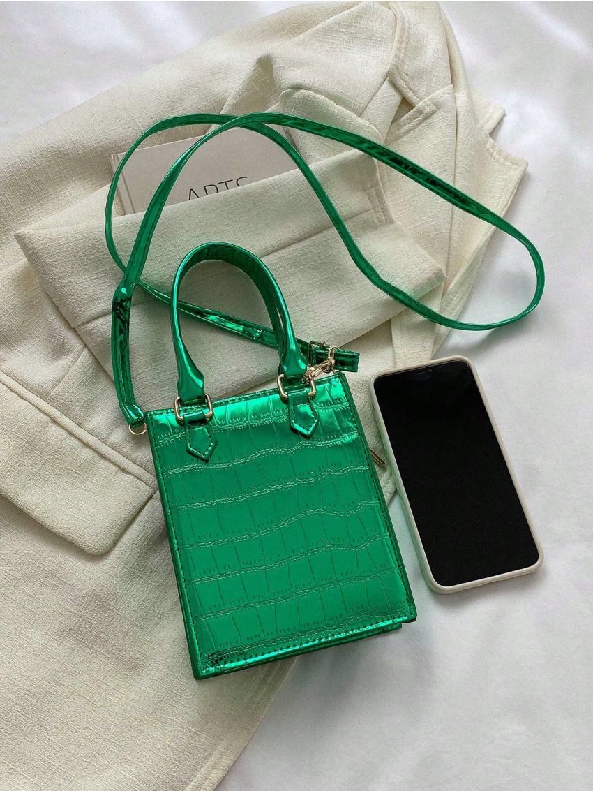 Mini Square Bag Crocodile Embossed Metallic PU Funky