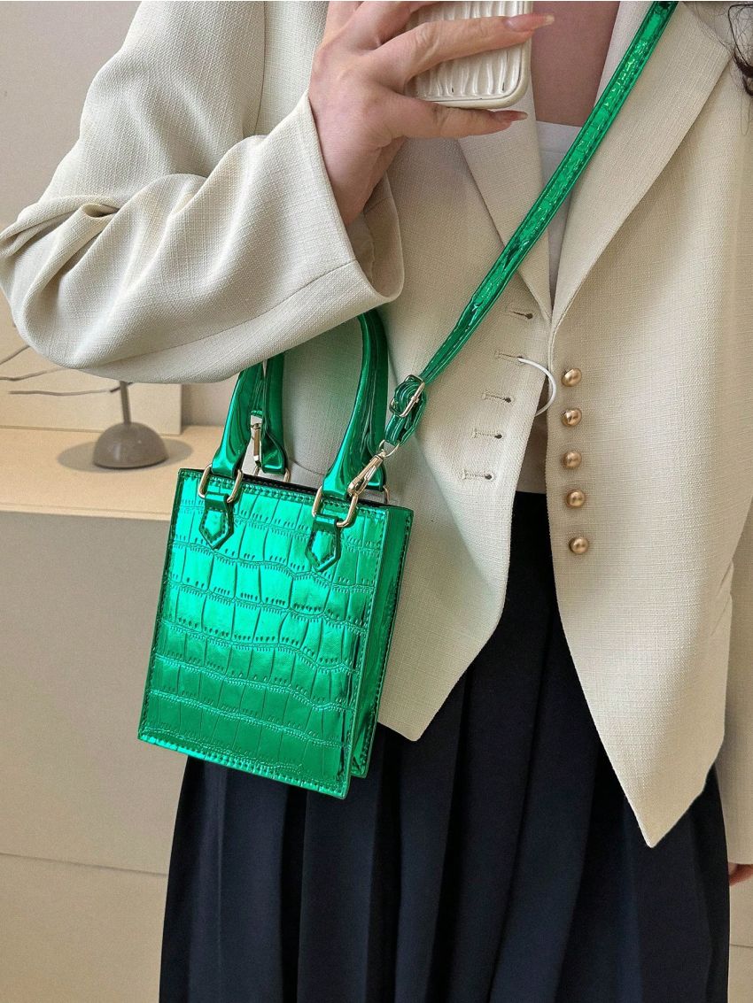 Mini Square Bag Crocodile Embossed Metallic PU Funky