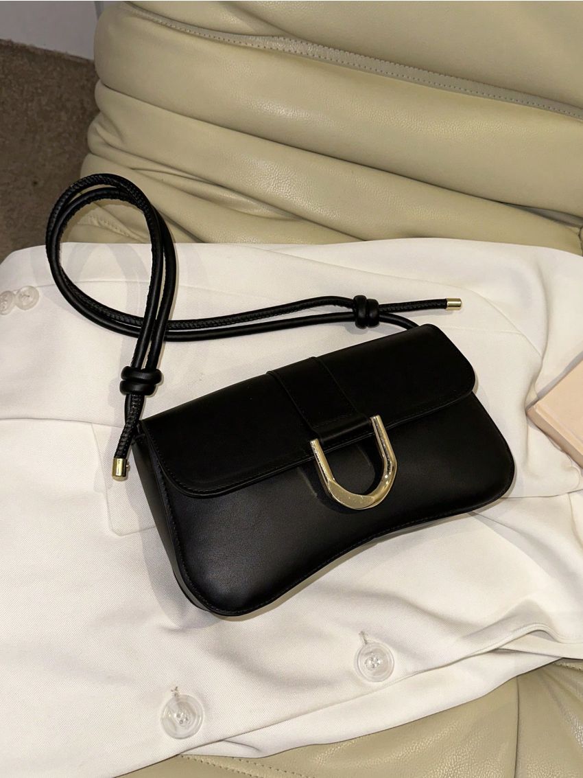 Metal Decor Baguette Bag Flap PU Black