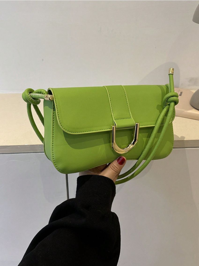 Metal Decor Baguette Bag Flap PU Beige