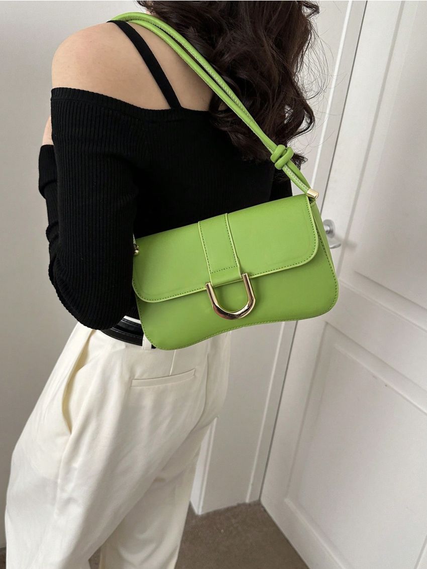 Metal Decor Baguette Bag Flap PU Beige