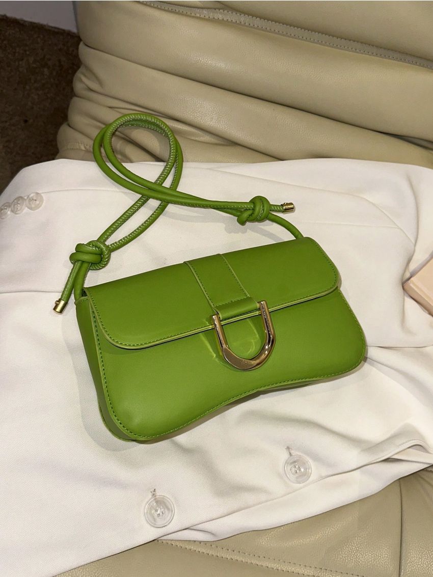 Metal Decor Baguette Bag Flap PU Beige