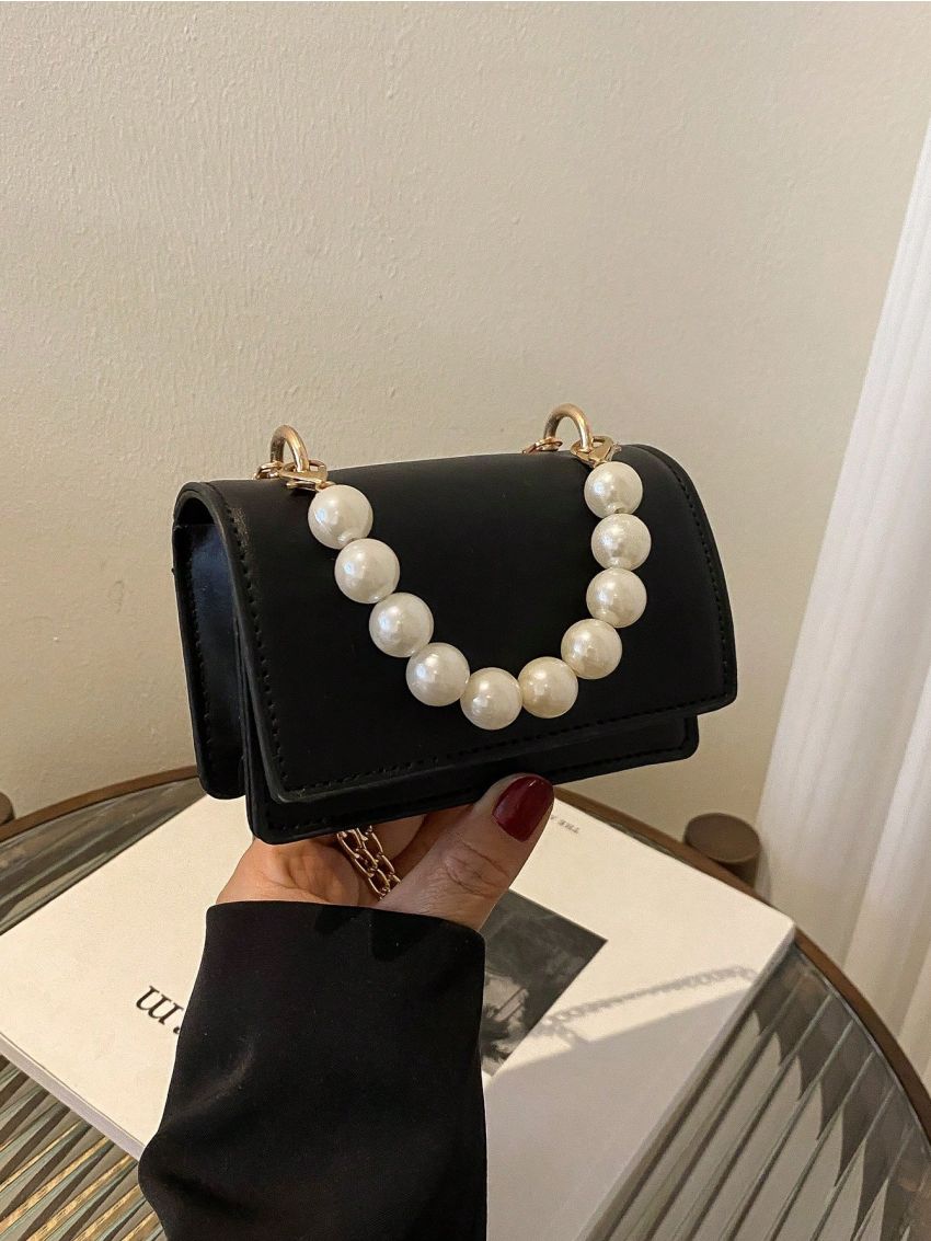 Mini Square Bag Faux Pearl Decor Flap PU