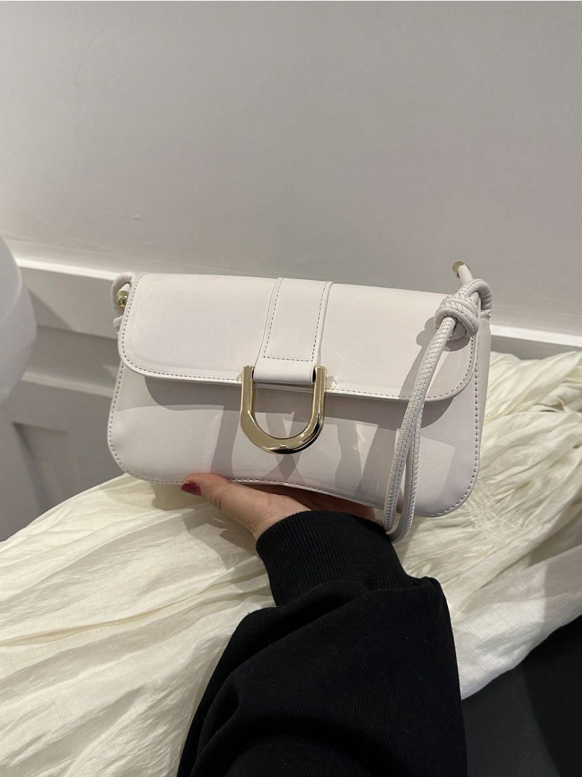 Metal Decor Baguette Bag Flap PU Beige