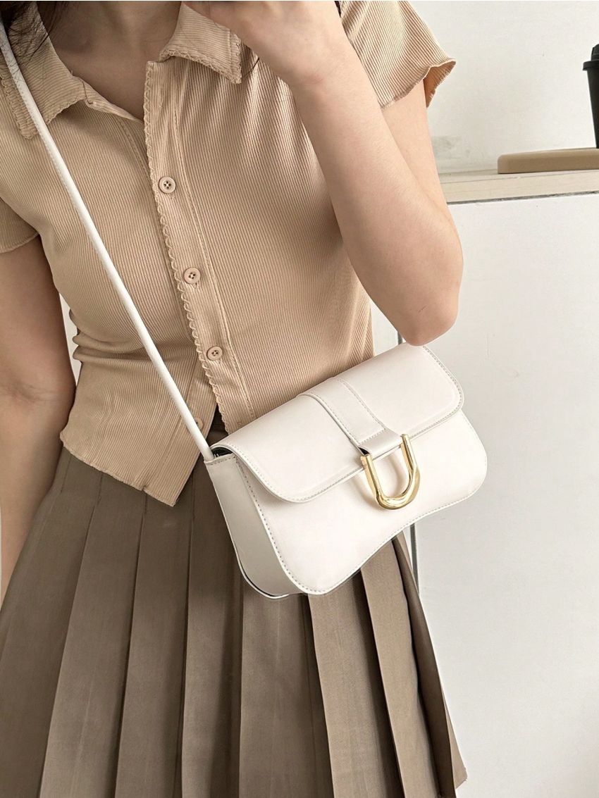 Metal Decor Baguette Bag Flap PU Beige