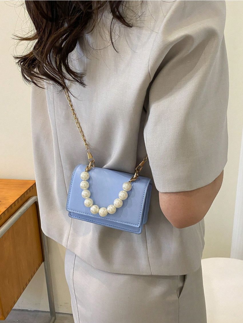 Mini Square Bag Faux Pearl Decor Flap PU