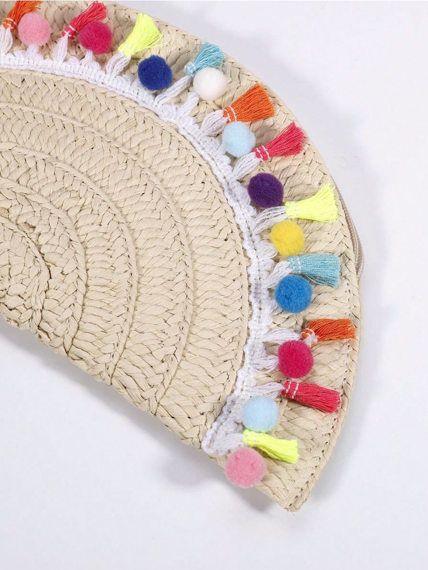 Pom Pom & Tassel Decor Straw Bag Vacation Zipper