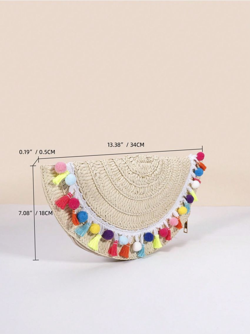 Pom Pom & Tassel Decor Straw Bag Vacation Zipper
