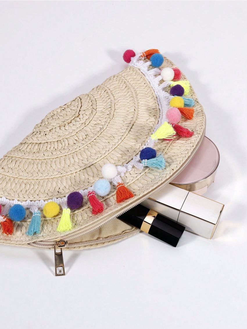 Pom Pom & Tassel Decor Straw Bag Vacation Zipper