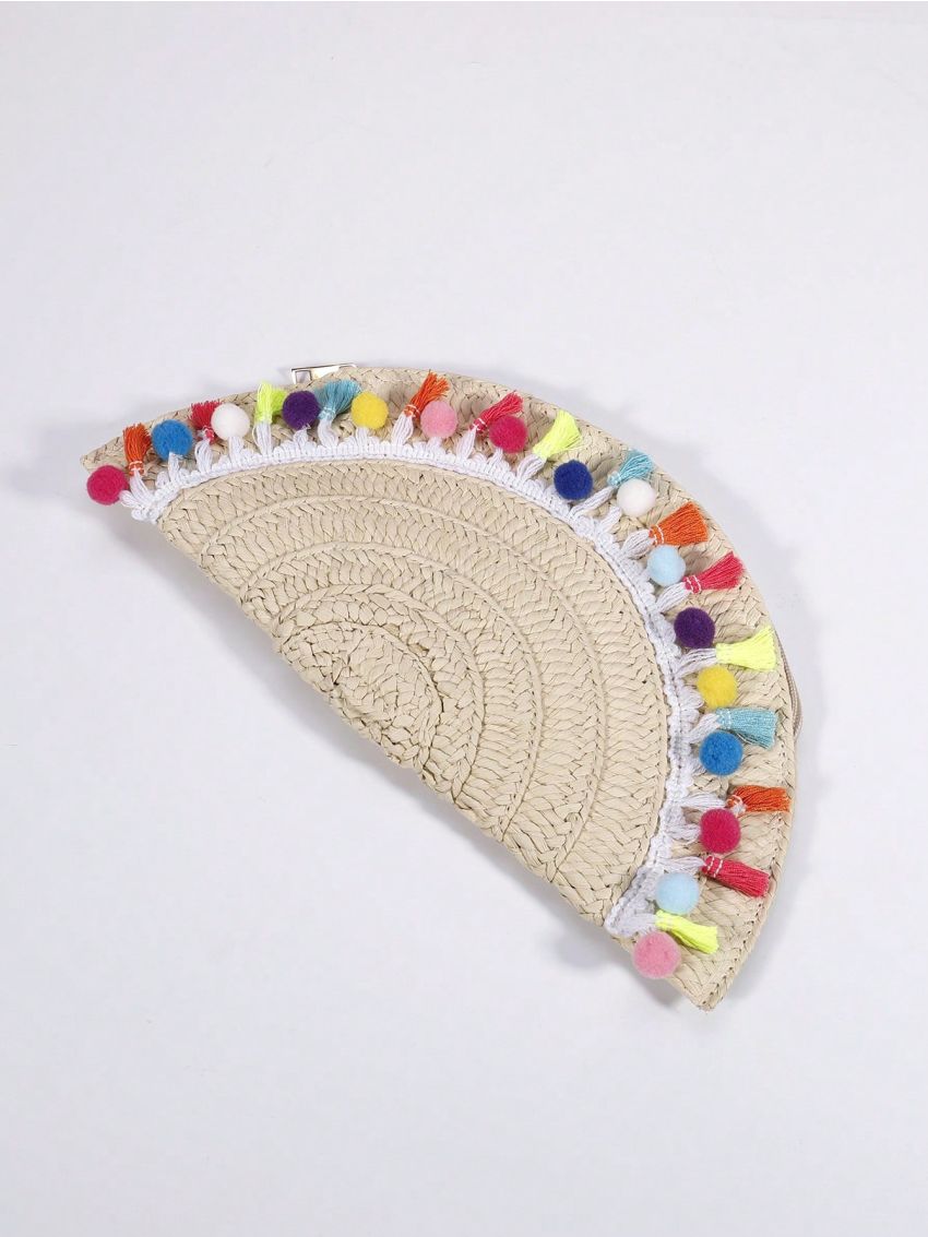 Pom Pom & Tassel Decor Straw Bag Vacation Zipper