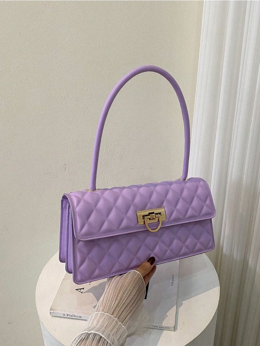 Quilted Baguette Bag PU Purple Flap Metal Decor