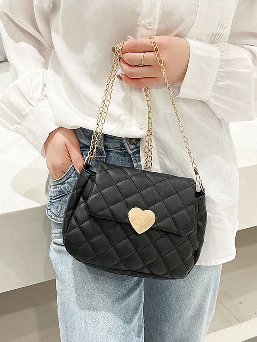 Mini Square Bag Quilted Heart Decor Flap PU