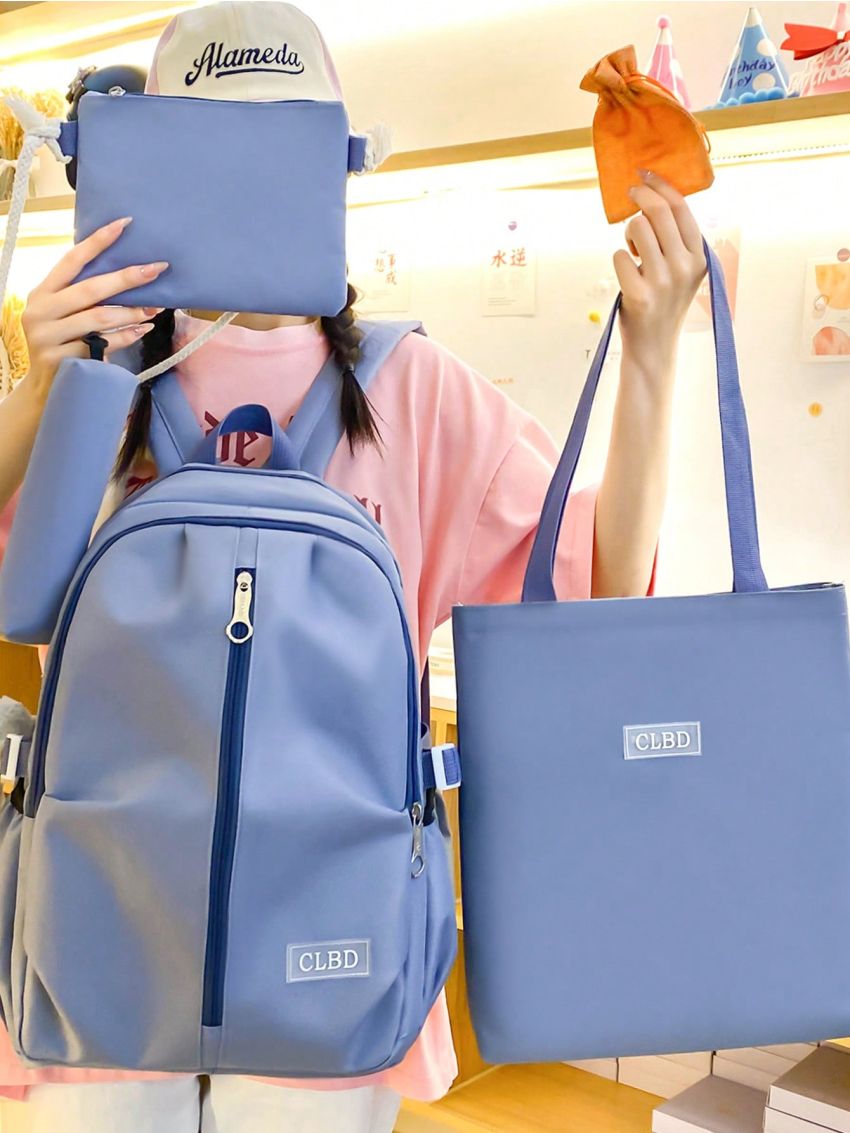 5pcs Bag Set Classic Backpack Shoulder Crossbody Clutch Bag Pencil Case Letter Patch Decor Nylon