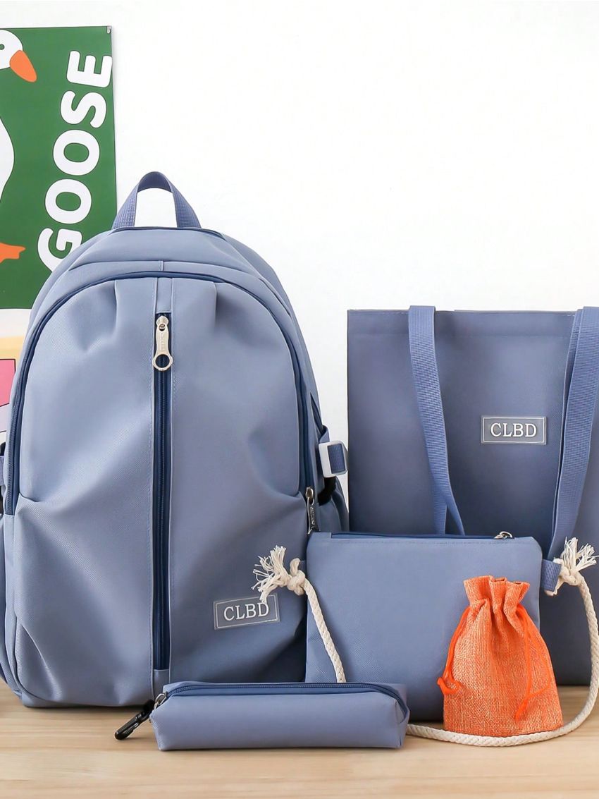 5pcs Bag Set Classic Backpack Shoulder Crossbody Clutch Bag Pencil Case Letter Patch Decor Nylon