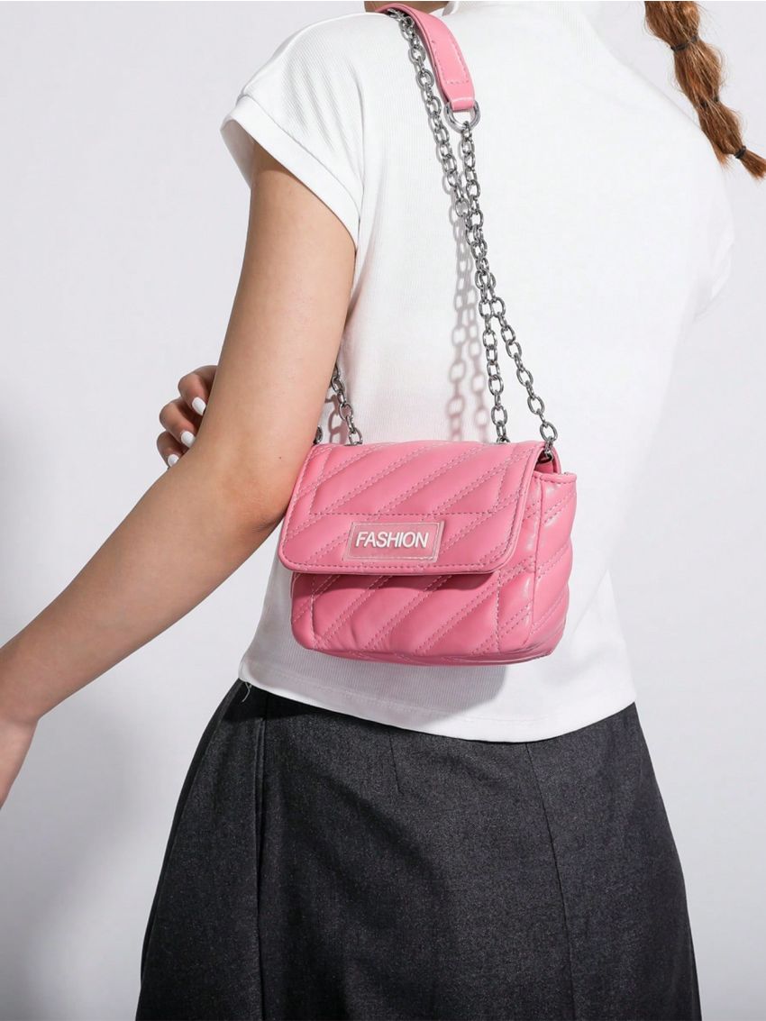 Mini Square Bag Quilted Letter Patch Detail Flap PU