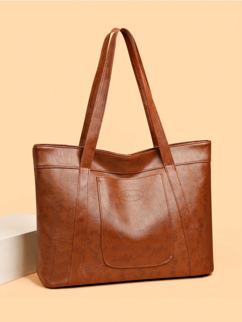 Letter Embossed Shoulder Tote Bag PU Large Capacity