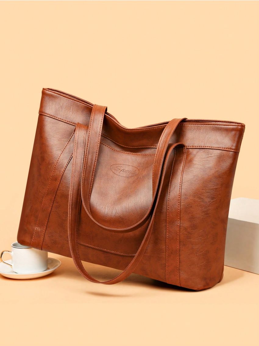 Letter Embossed Shoulder Tote Bag PU Large Capacity