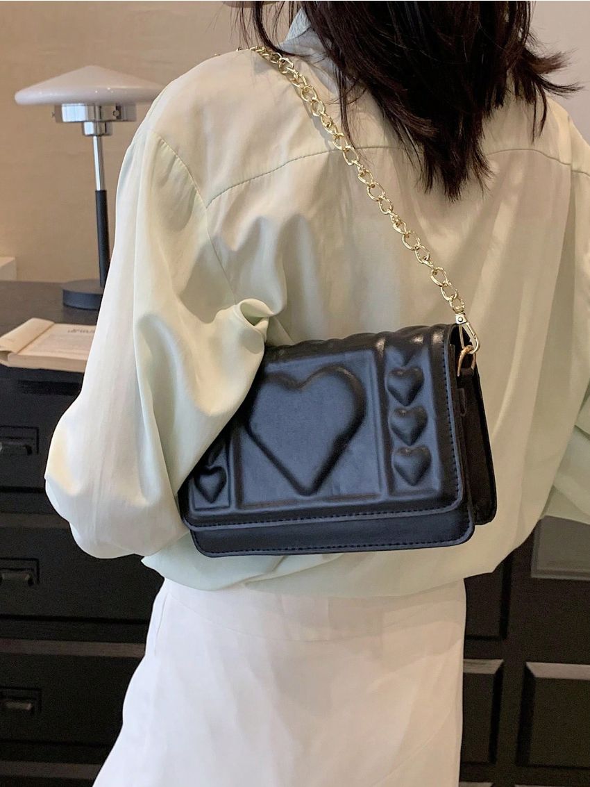 Mini Square Bag Heart Embossed Solid Color Chain Strap