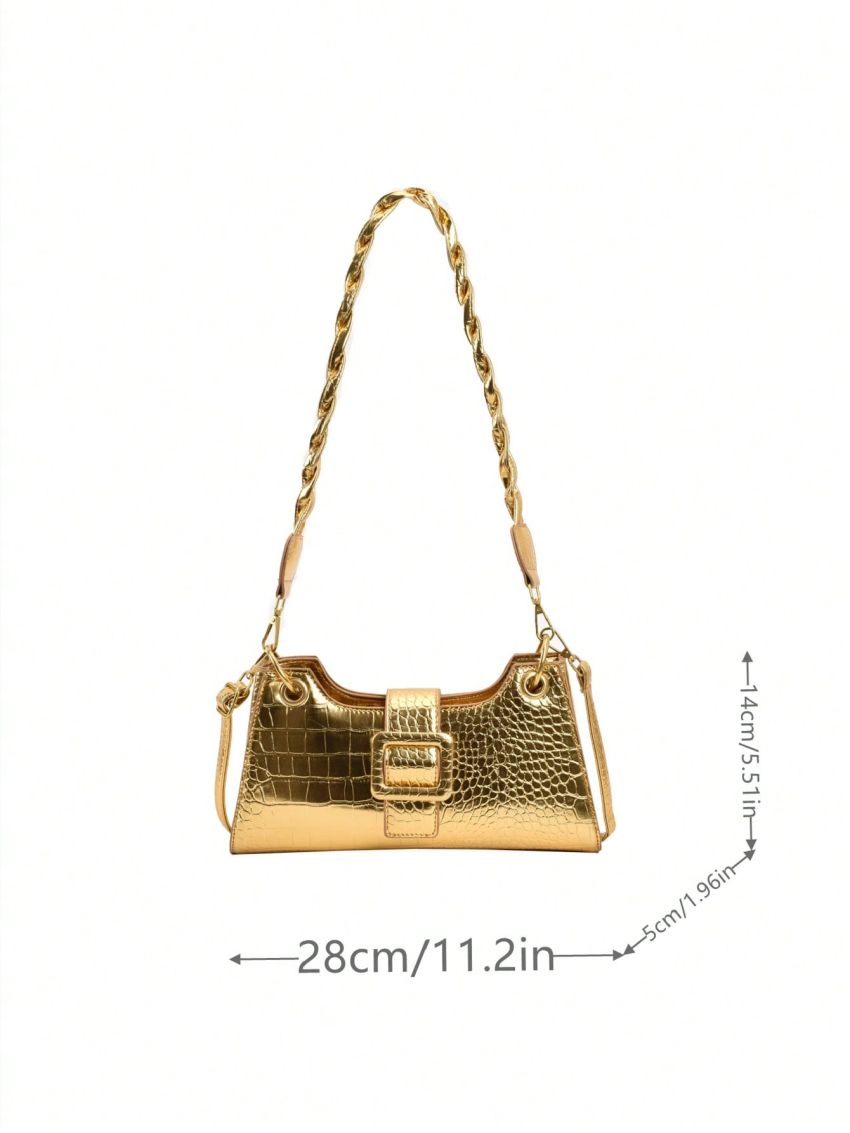 Crocodile Embossed Baguette Bag Medium Gold Funky