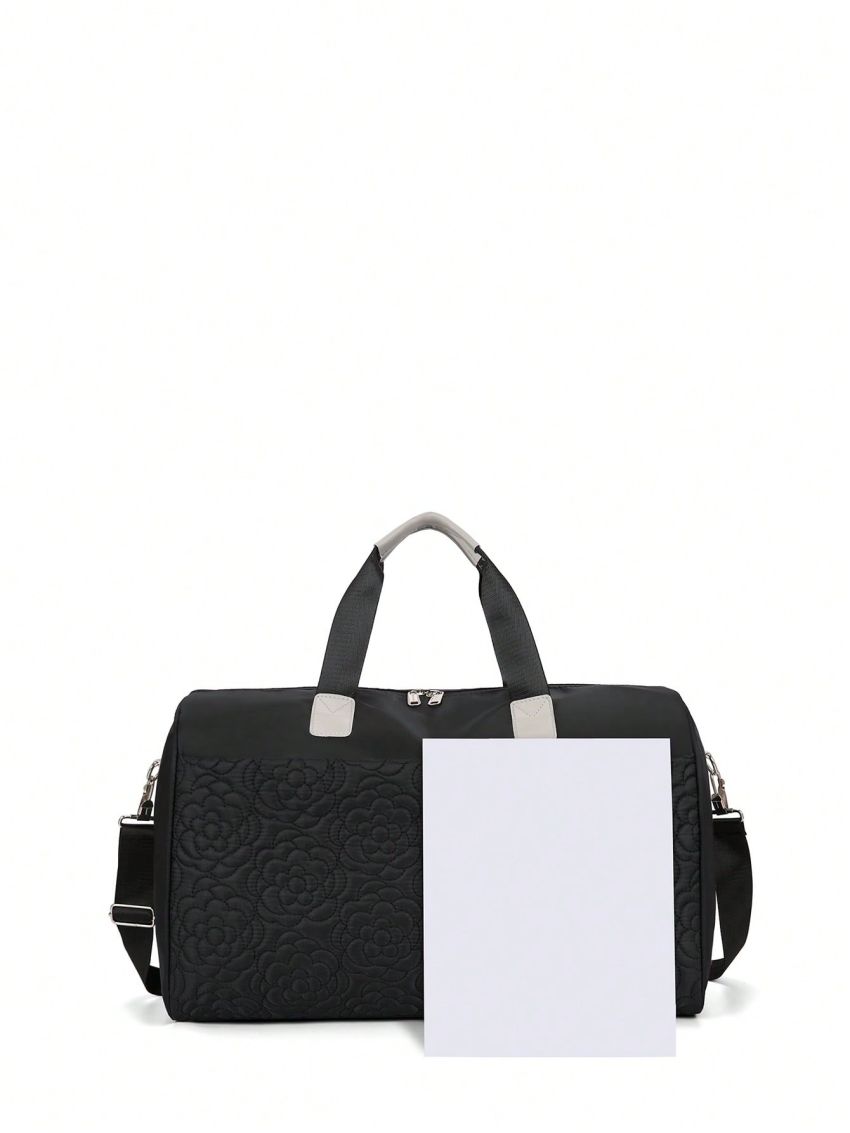 Flower Quilted Travel Bag Double Handle Black