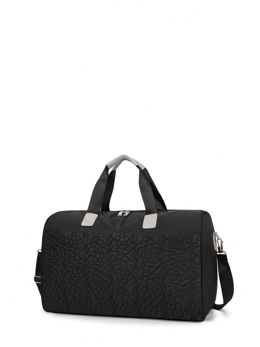 Flower Quilted Travel Bag Double Handle Black