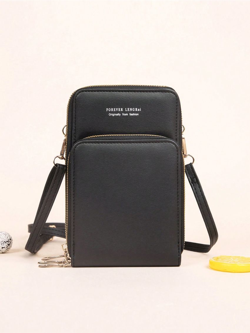 Letter Graphic Phone Wallet Zipper Adjustable Strap