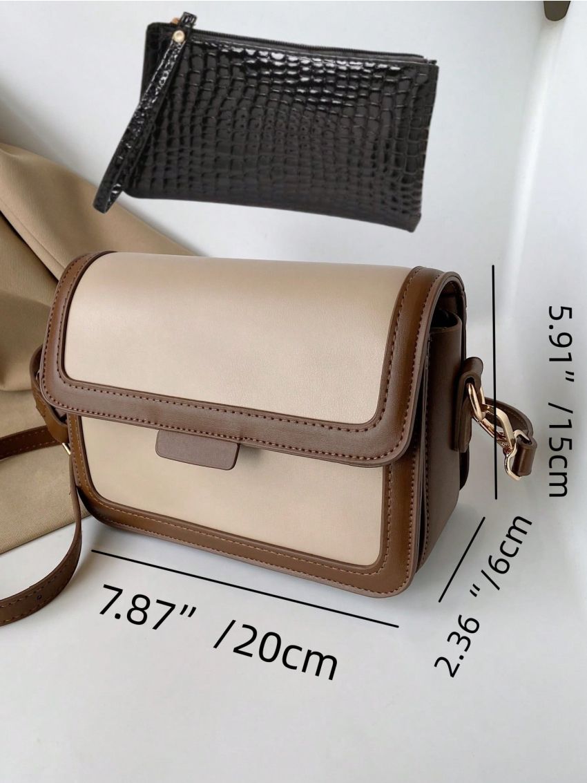 Colorblock Square Bag Flap Adjustable Strap With Coin Purse