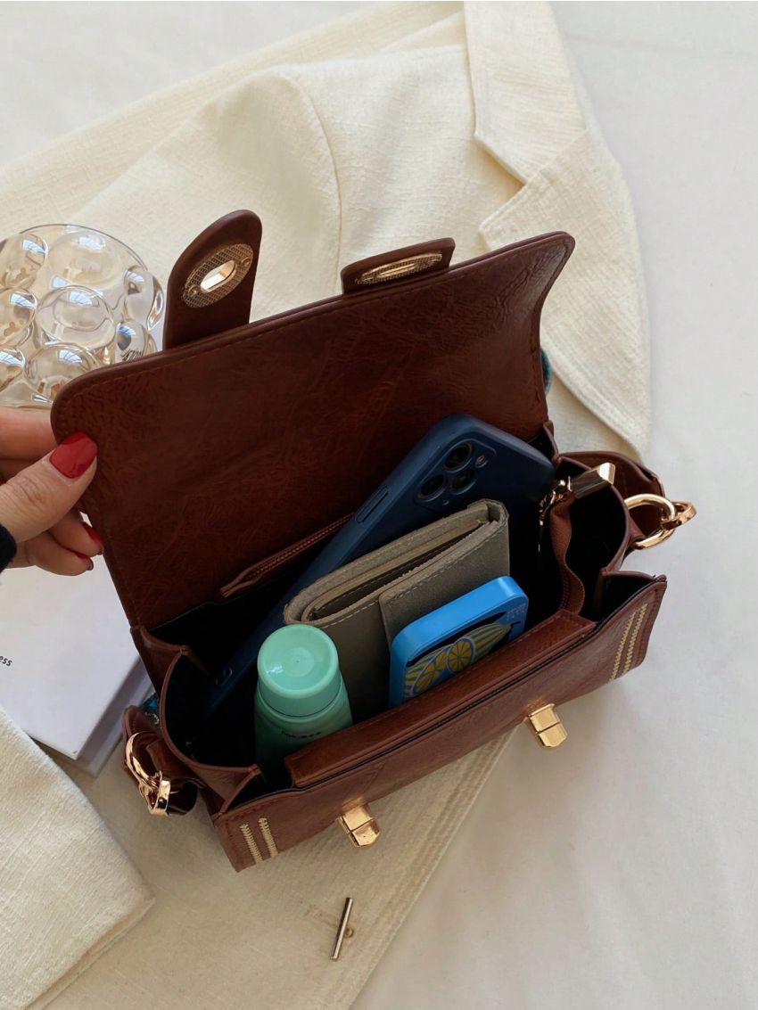 Mini Stitch Detail Flap Wide Shoulder Strap Handbag