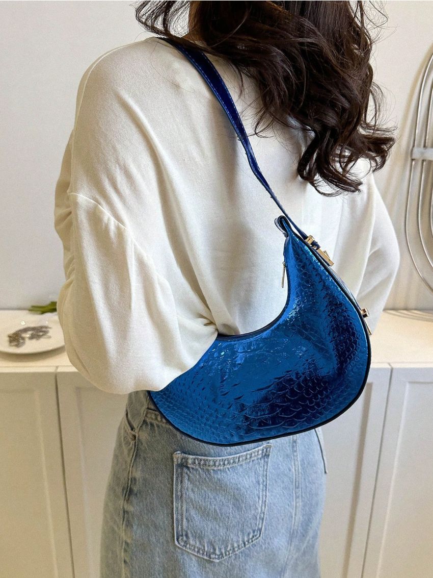 Snakeskin Embossed Hobo Bag Small Zipper Metallic Funky