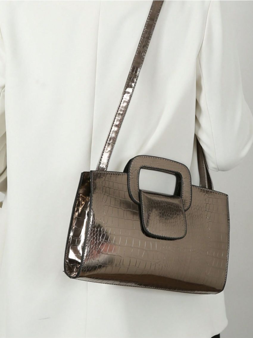 Crocodile Embossed Square Bag Medium Metallic Funky