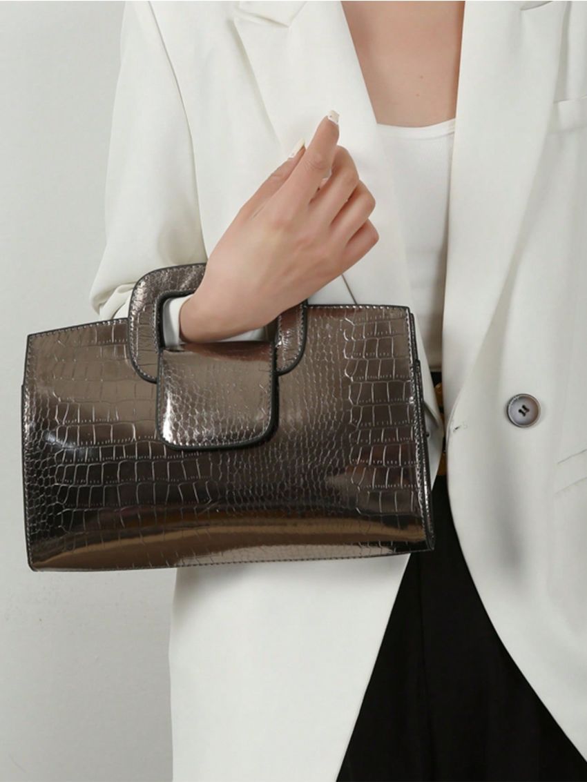 Crocodile Embossed Square Bag Medium Metallic Funky