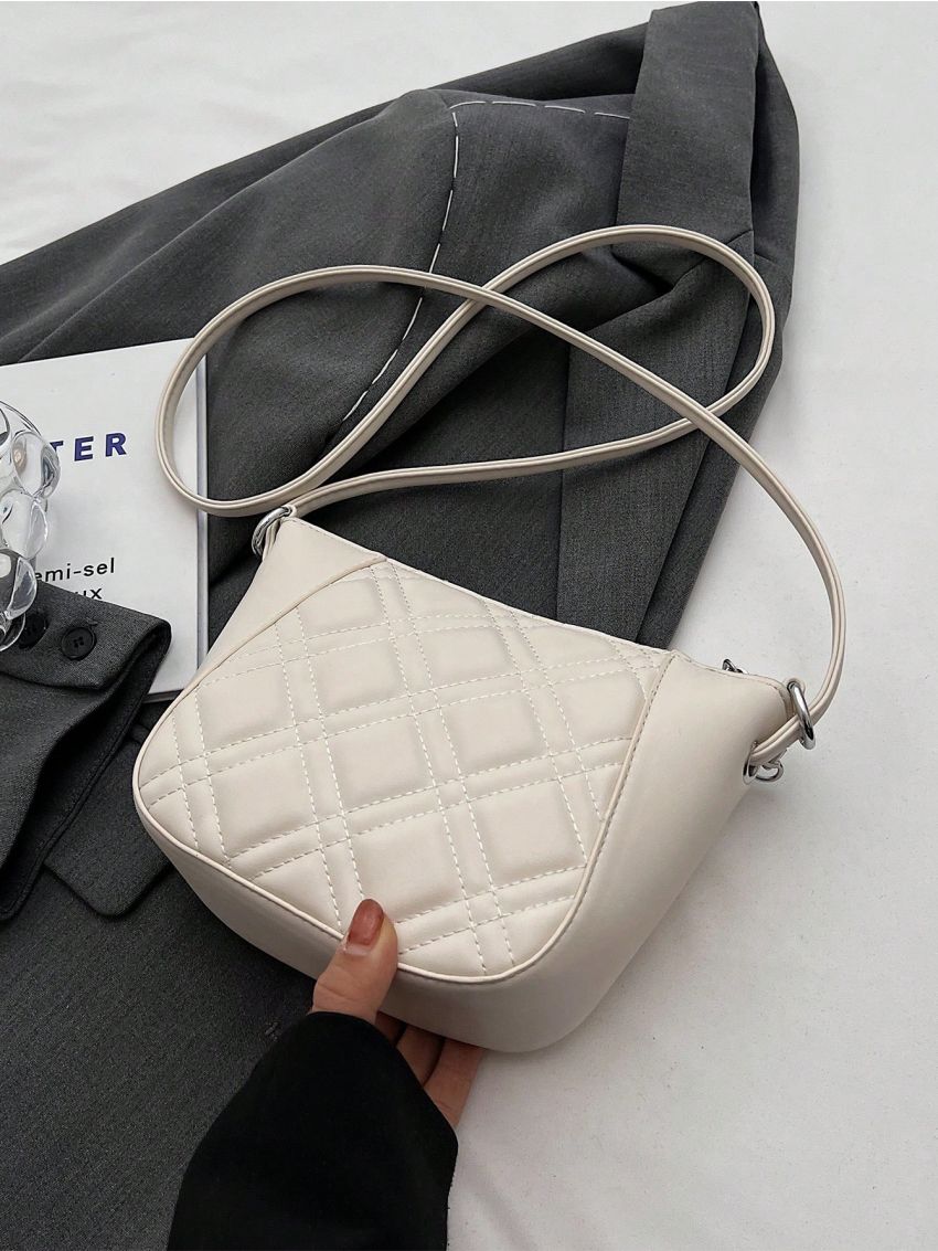 Quilted Detail Saddle Bag Moon & Chain Decor Zipper PU