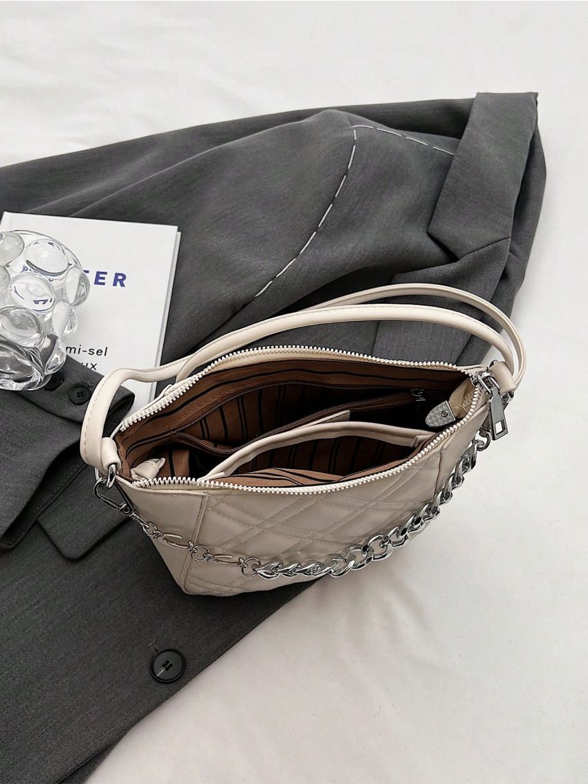 Quilted Detail Saddle Bag Moon & Chain Decor Zipper PU