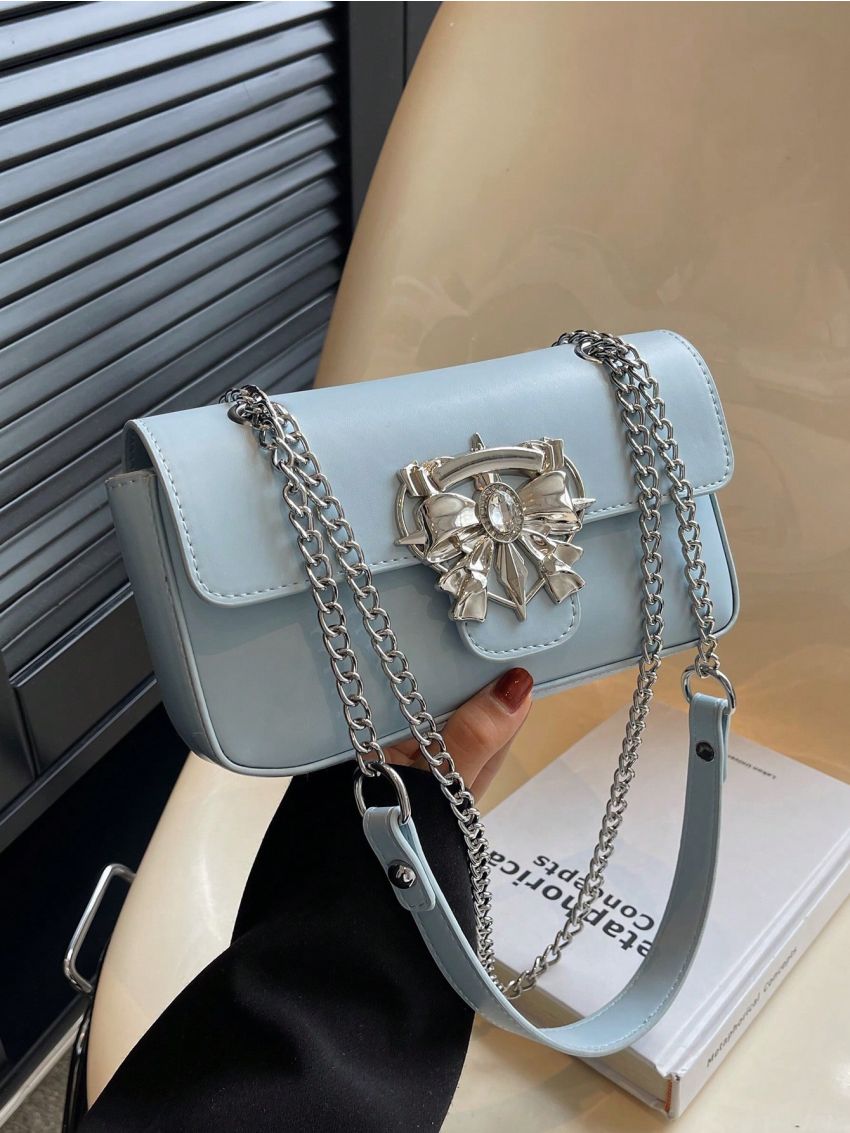 Flap Square Bag Rhinestone & Bow Decor Chain PU