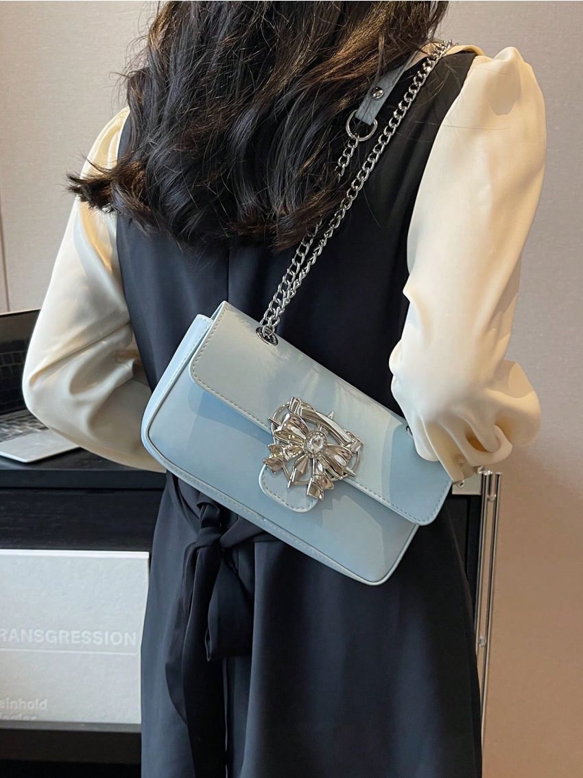 Flap Square Bag Rhinestone & Bow Decor Chain PU