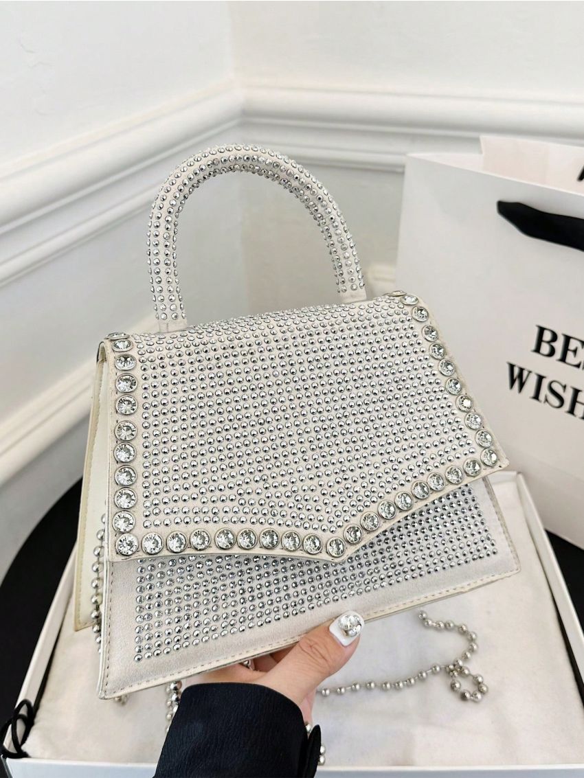 Studded & Rhinestone Decor Square Bag Top Handle Beige