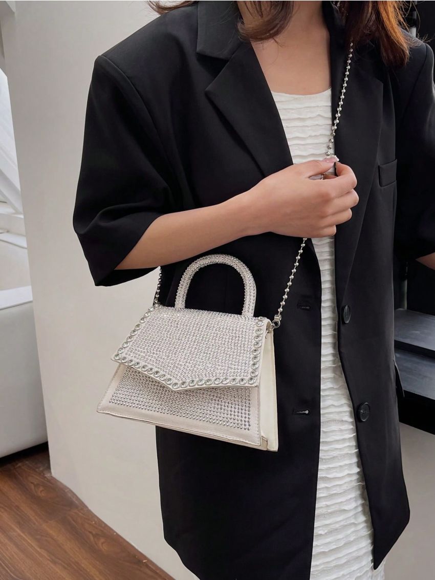 Studded & Rhinestone Decor Square Bag Top Handle Beige