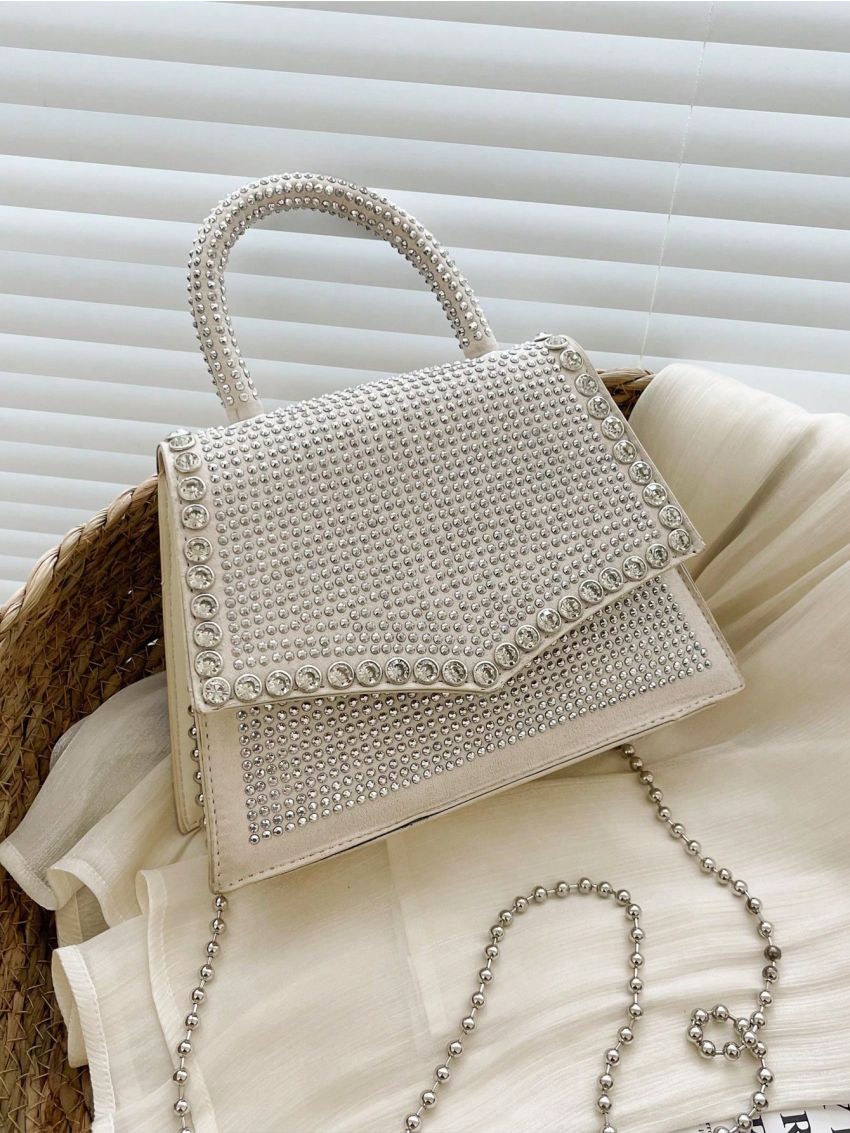 Studded & Rhinestone Decor Square Bag Top Handle Beige