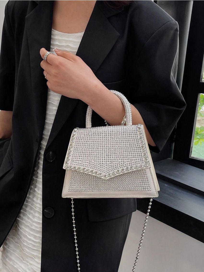 Studded & Rhinestone Decor Square Bag Top Handle Beige