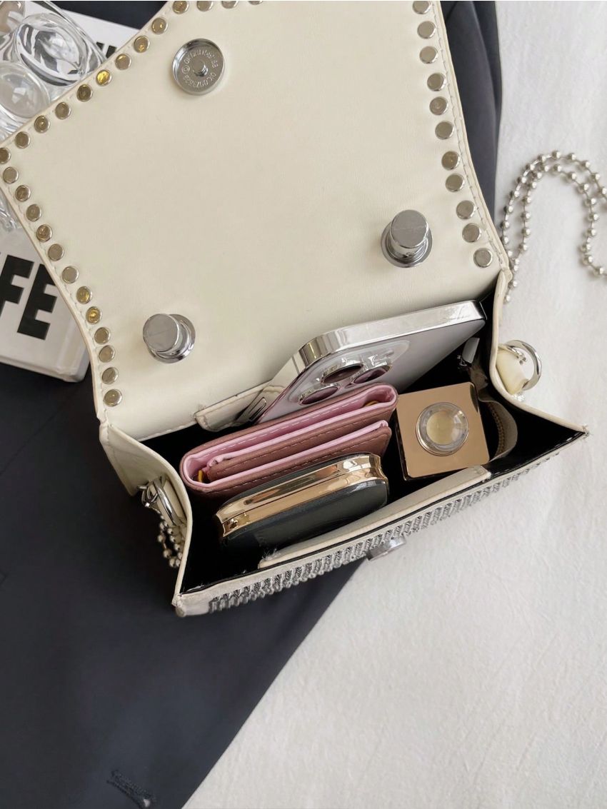 Studded & Rhinestone Decor Square Bag Top Handle Beige