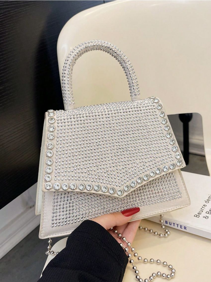 Studded & Rhinestone Decor Square Bag Top Handle Beige