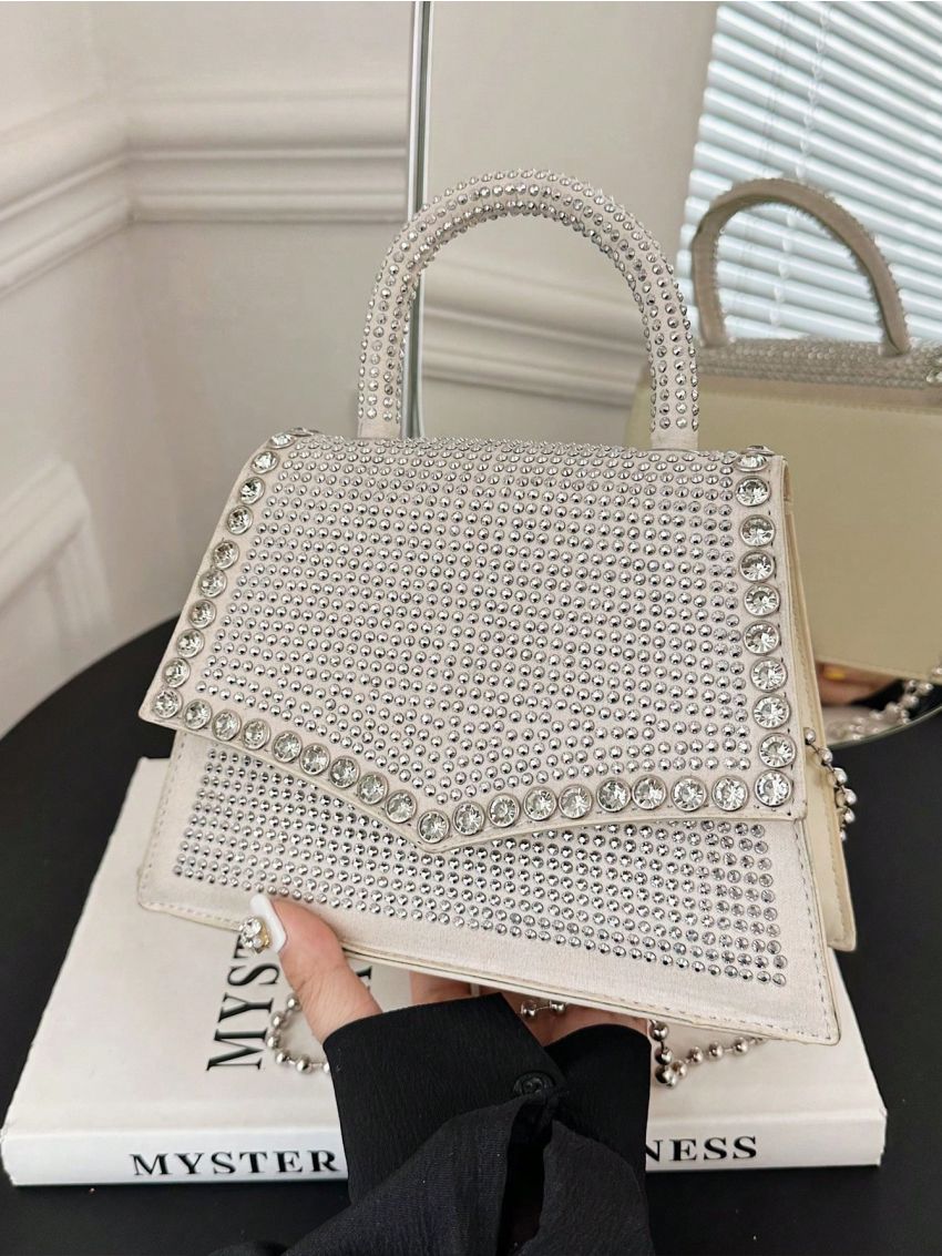 Studded & Rhinestone Decor Square Bag Top Handle Beige