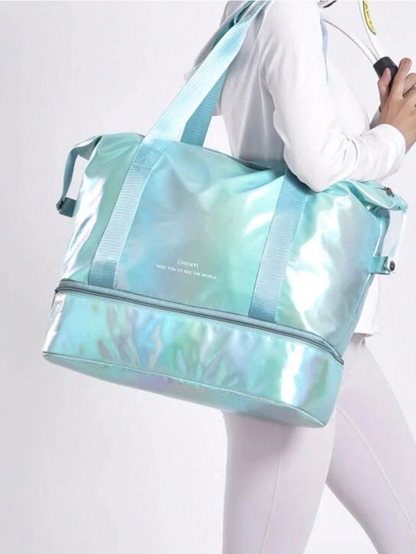 Holographic Letter Graphic Duffel Bag Fashionable Travel Bag Double Handle With Zipper PU