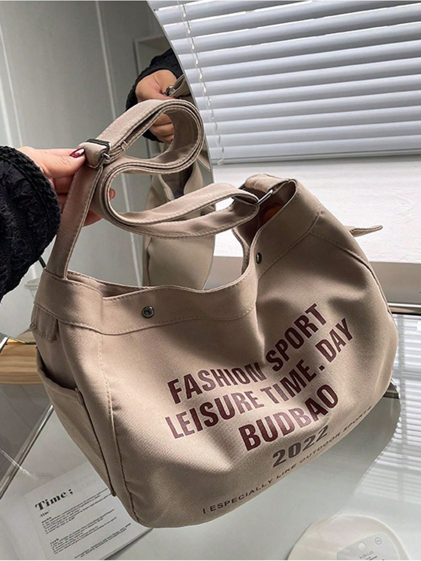 Polyester Hobo Bag Letter Graphic Studded Decor Adjustable Strap Large