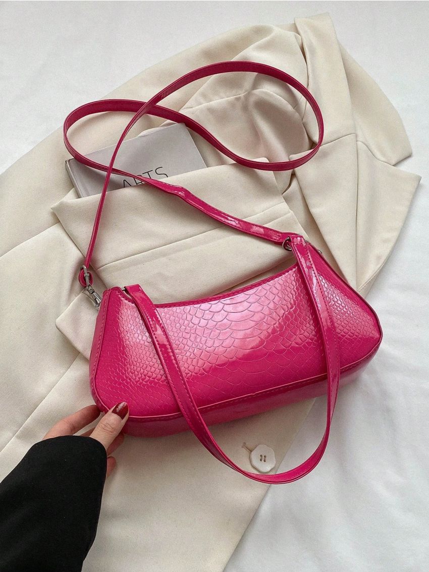 Medium Baguette Bag Crocodile Embossed Zipper Double Handle