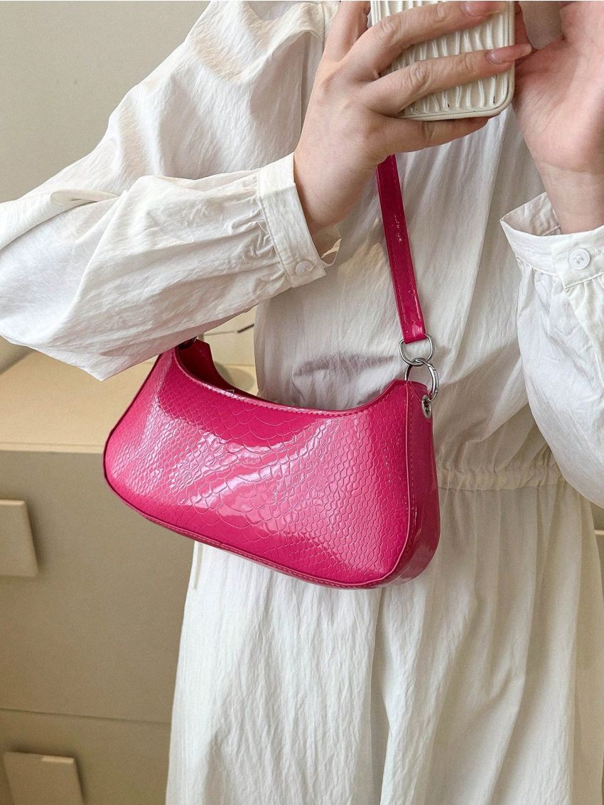 Medium Baguette Bag Crocodile Embossed Zipper Double Handle