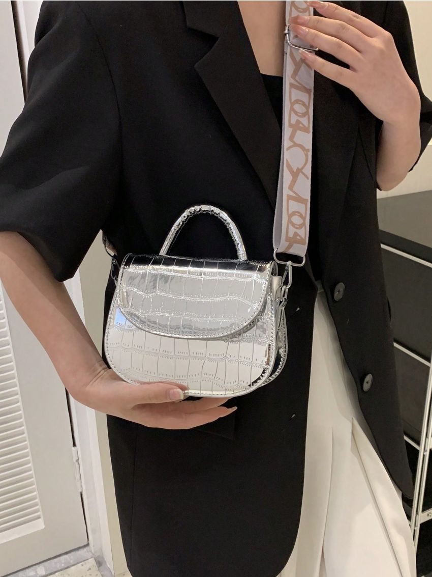 Mini Saddle Bag Crocodile Embossed Flap Adjustable-strap